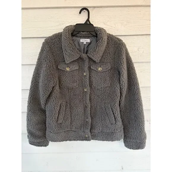 Polagram Sherpa Jacket Medium Taupe Faux Fur Button Front Teddy Coat - Picture 2 of 7